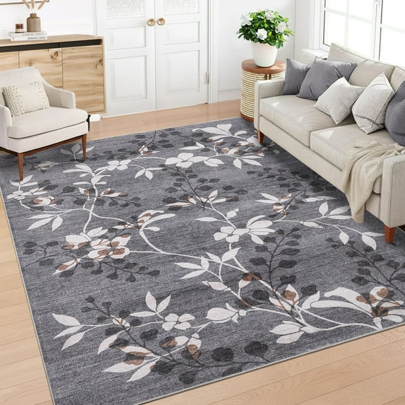 HOMERRY Area Rug 5' x 7' Rugs for Living Room Modern Washable Indoor Leaf Print Carpet, Gray