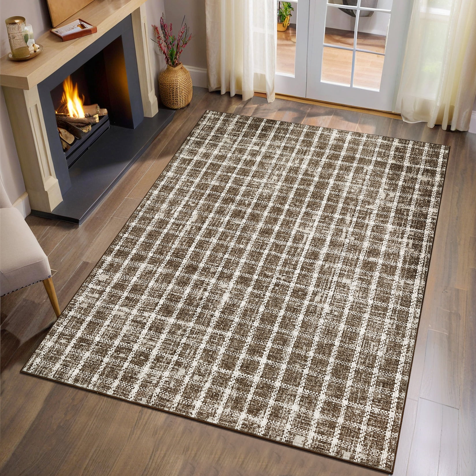 HOMERRY Area Rug 5' x 7' Rugs for Living Room Modern Washable Indoor Plaid Print Carpet, Brown
