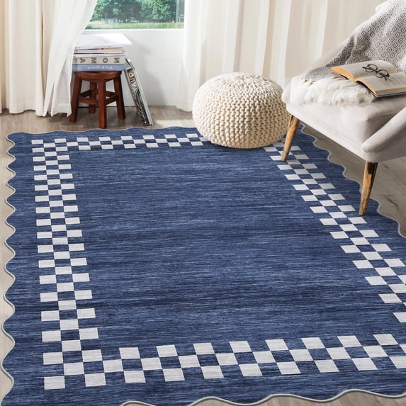 HOMERRY Area Rug 5' x 7' Rugs for Living Room Modern Washable Indoor Scalloped Border Plaid Carpet, Blue