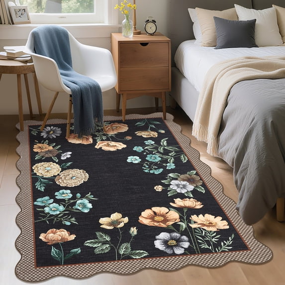 HOMERRY Area Rug 5' x 7' Rugs for Living Room Modern Washable Indoor Scalloped Floral Carpet, Black