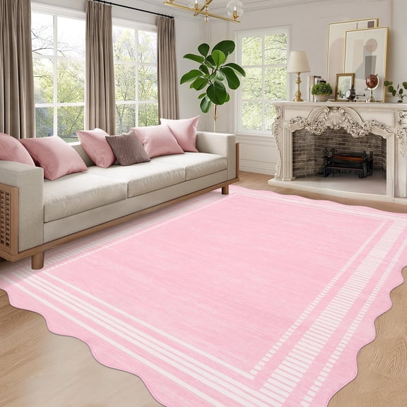 HOMERRY Area Rug 5' x 7' Rugs for Living Room Modern Washable Indoor Scalloped Neutral Solid Print Bordered Carpet, Pink