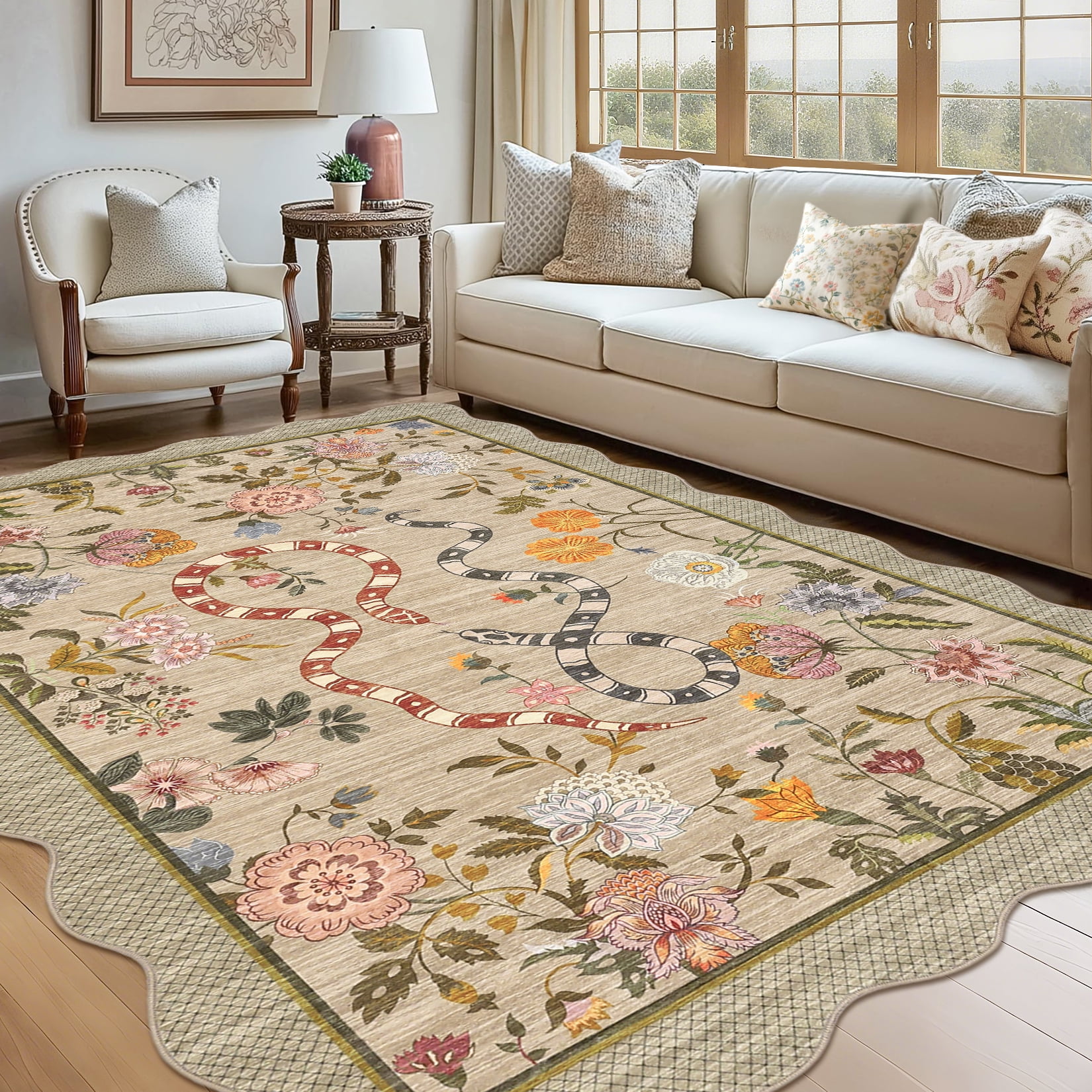 HOMERRY Area Rug 5' x 7' Rugs for Living Room Modern Washable Indoor Scalloped Snake Animal Floral Print Carpet, Brown