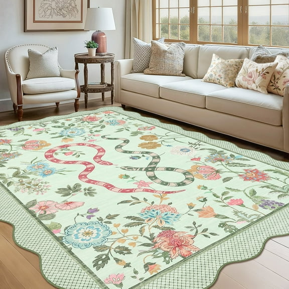 HOMERRY Area Rug 5' x 7' Rugs for Living Room Modern Washable Indoor Scalloped Snake Animal Floral Print Carpet, Green