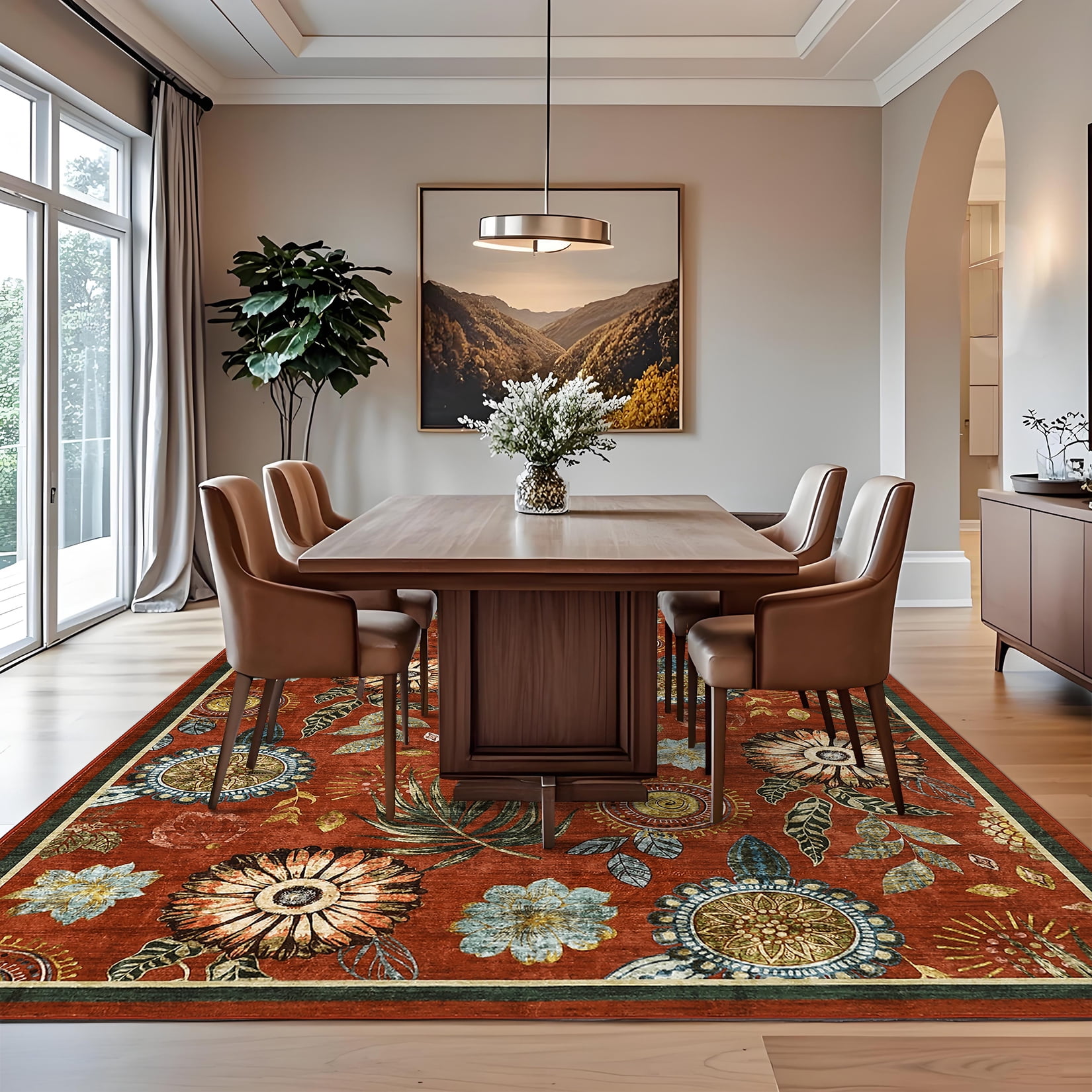 HOMERRY Area Rug 5' x 7' Throw Rugs for Living Room Modern Washable Indoor Floral Print Carpet, Red
