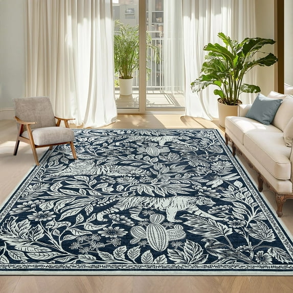 HOMERRY Area Rug 5' x 7' Tiger Pattern Rug for Living Room Washable Stain Resistant Non-Shed Low Pile Carpet, Blue