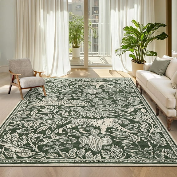 HOMERRY Area Rug 5' x 7' Tiger Pattern Rug for Living Room Washable Stain Resistant Non-Shed Low Pile Carpet, Green