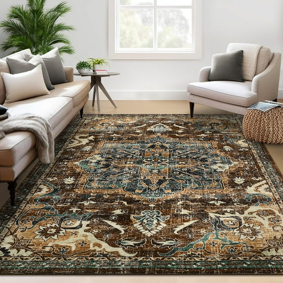 HOMERRY Area Rug 5' x 7' Vintage Distressed Floral Area Rug for Dining Room Washable Soft Indoor Floor Carpet, Brown