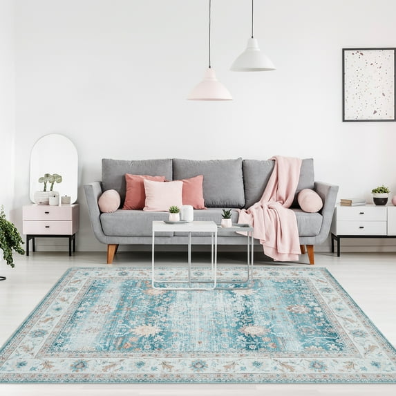 HOMERRY Area Rug 5'x 7' Vintage Rug Persian Antique Floral Printed Floor Mat for Bedroom Office Indoor Rug Aethetic Carpet for Dining Room Large Floor Cover, Blue