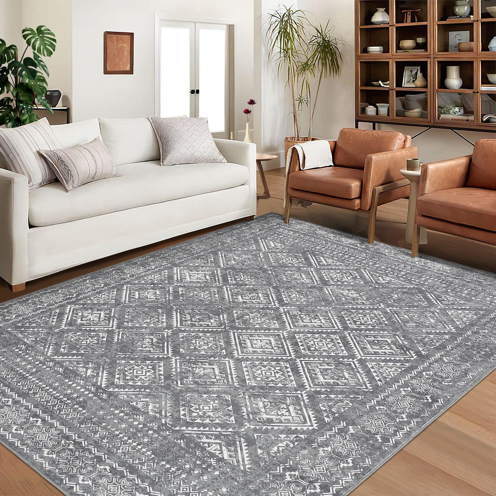 HOMERRY Area Rug 8' x 10' Modern Moroccan Distressed Area Rug for Living Room Washable Soft Indoor Floor Carpet, Gray
