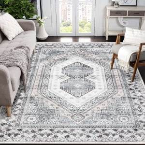 HOMERRY Area Rug 8' x 10' Vintage Distressed Geometric Floral Area Rug for Living Room Washable Soft Indoor Floor Carpet, Beige Gray