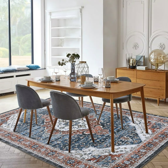 HOMERRY Area Rug 8' x 10' Vintage Washable Rug Oriental Floral Rug for Dining Room Dorm, Blue