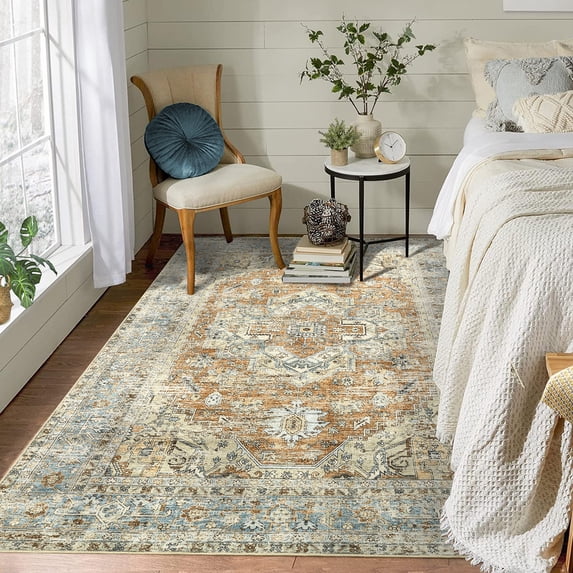 HOMERRY Area Rug 9' x 12' Large Rug Washable Boho Rugs for Living Room Floral Print Foldable Rug, Yellow