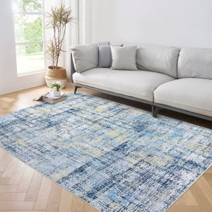 Ink Blue Abstract Washable 9' x 12' Synthetic Area Rug