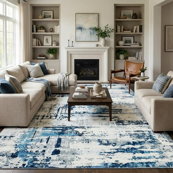 HOMERRY Area Rug 9' x 12' Modern Abstract Rug for Living Room Washable Soft Indoor Floor Carpet, Blue