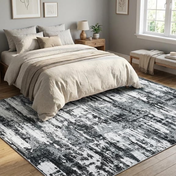 HOMERRY Area Rug 9' x 12' Modern Abstract Rug for Living Room Washable Soft Indoor Floor Carpet, Gray/Black