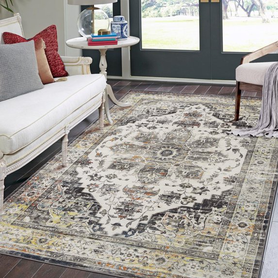 HOMERRY Area Rug 9' x 12' Rugs for Living Room Vintage Persian Rug Distressed Print Indoor Floor Cover, Gray