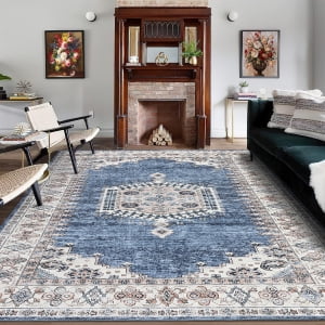 HOMERRY Area Rug 9' x 12' Vintage Distressed Medallion Floral Area Rug for Living Room Washable Soft Indoor Floor Carpet, Blue