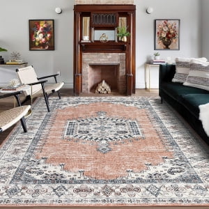 HOMERRY Area Rug 9' x 12' Vintage Distressed Medallion Floral Area Rug for Living Room Washable Soft Indoor Floor Carpet, Orange