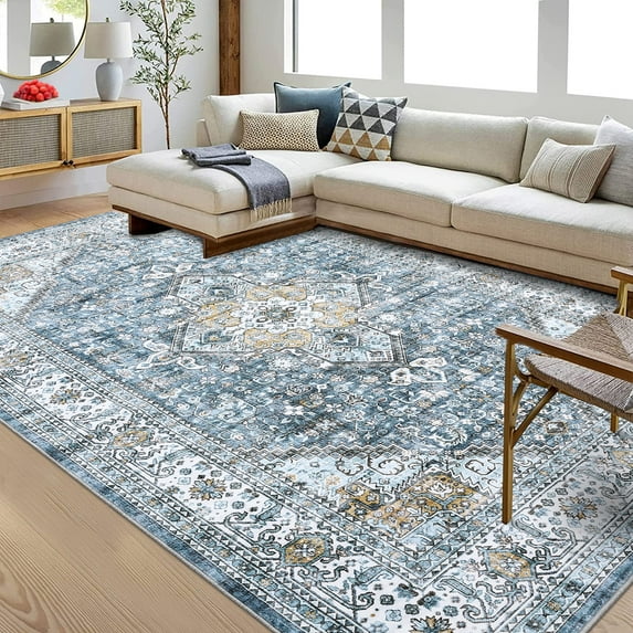HOMERRY Area Rug for Living Room 8' x 10' Non-Shedding Blue Vintage Floral Indoor Carpet