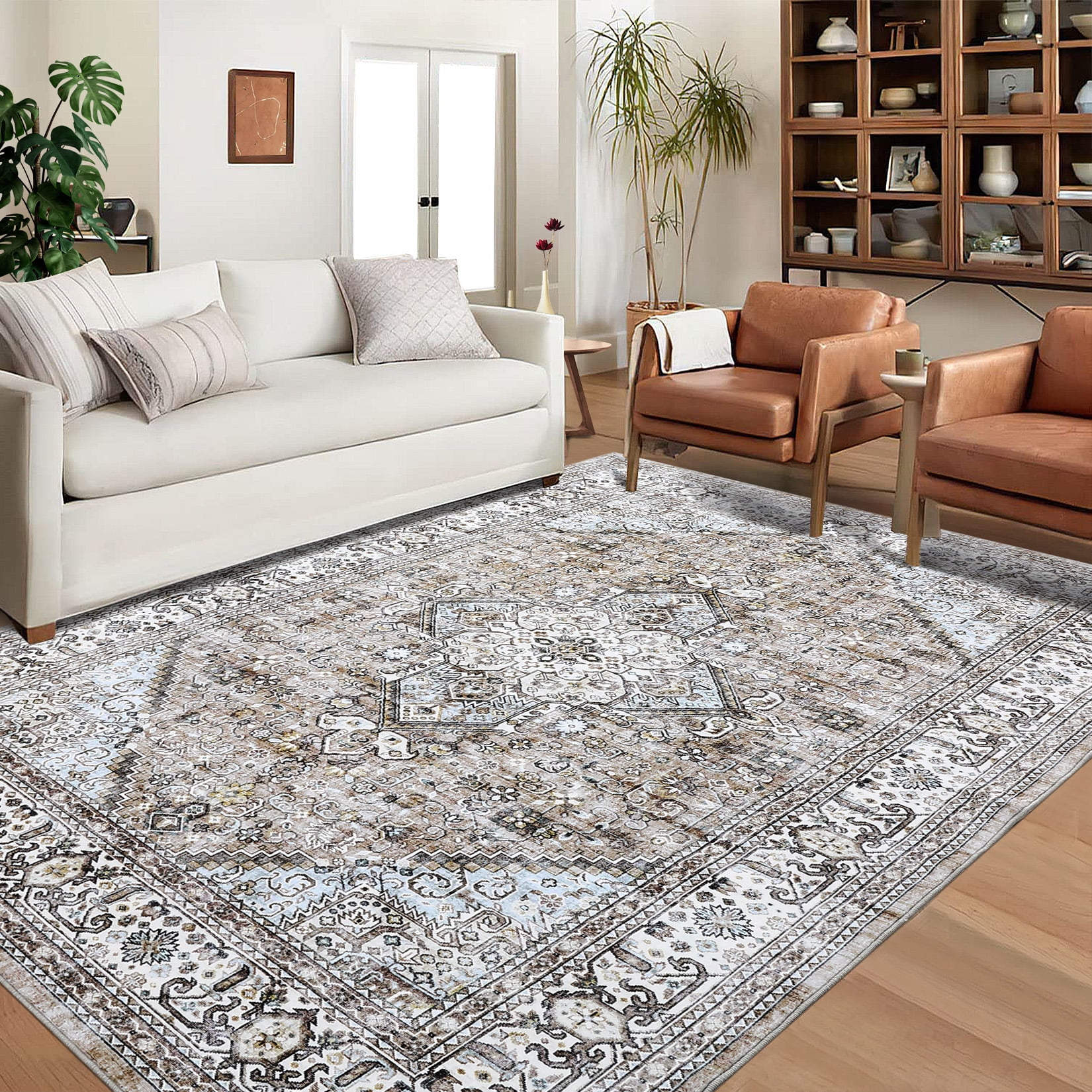HOMERRY Area Rug for Living Room 8' x 10' Non-Shedding khaki Vintage Floral Indoor Carpet