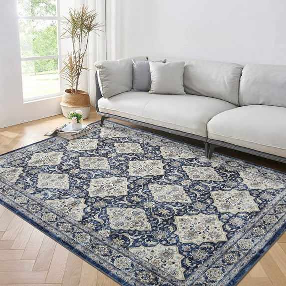 HOMERRY Area Rug for Living Room Vintage Non Slip Washable Indoor Carpet, Blue 5' x 7'