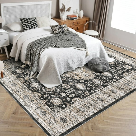 HOMERRY 8' x 10' Area Rug for Living Room Floral Geometric Washable Bedroom Non-Slip Carpet for Home Decor, Black