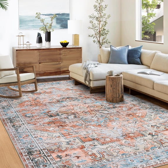 HOMERRY 8' x 10' Area Rug for Living Room Floral Geometric Washable Bedroom Non-Slip Carpet for Home Decor, Red/Orange