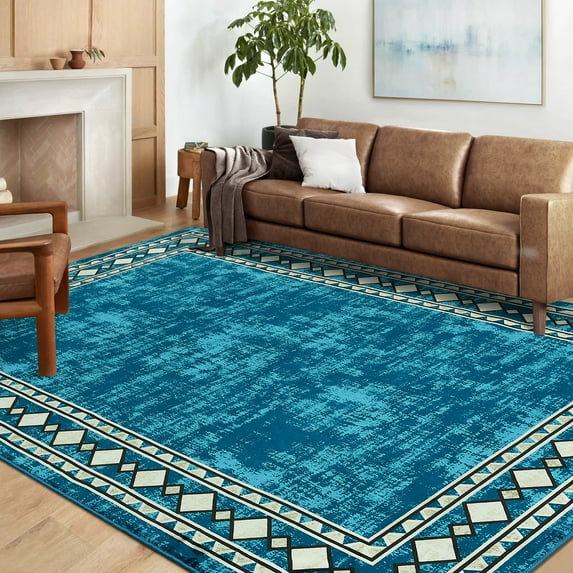 HOMERRY Area Rugs 8' x 10' Area Rug for Living Room Geometric Border Washable Bedroom Non-Slip Carpet for Home Decor, Teal