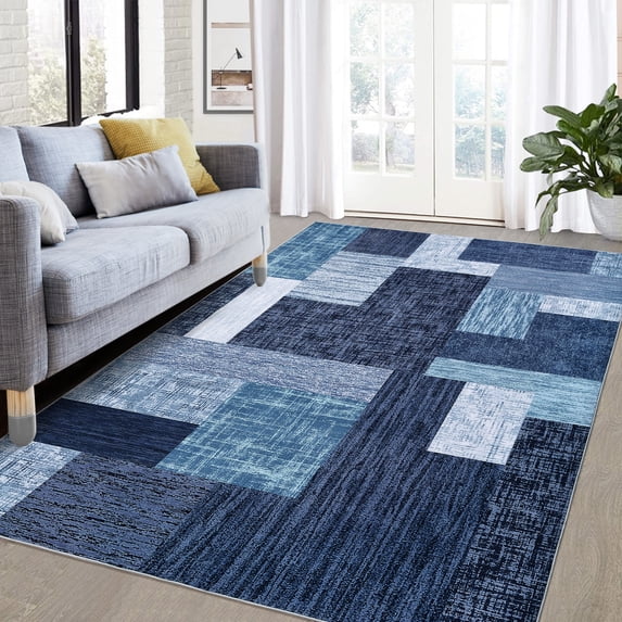 HOMERRY Area Rugs 8' x 10' Area Rug for Living Room Geometric Plaid Patchwork Washable Bedroom Non-Slip Carpet for Home Decor, Blue