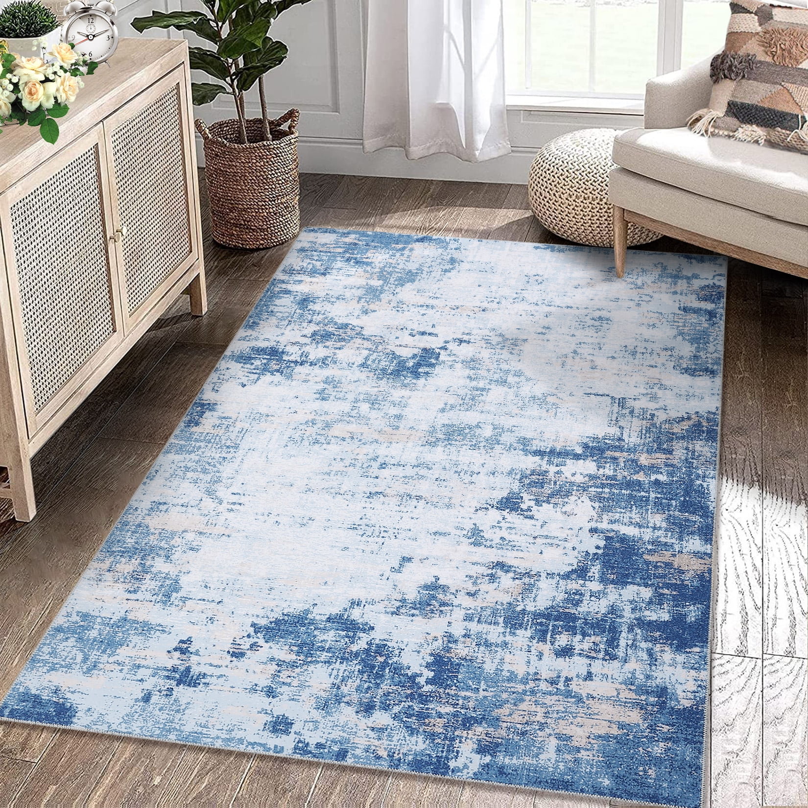 Blue Abstract Washable 8' x 10' Synthetic Area Rug