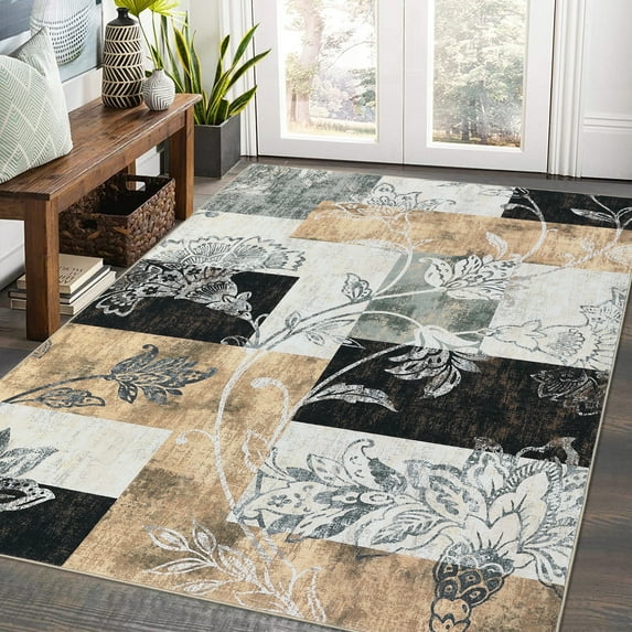 HOMERRY Area Rugs 8' x 10' Area Rug for Living Room Modern Patchwork Plaid Washable Bedroom Non-Slip Carpet for Home Decor, Brown