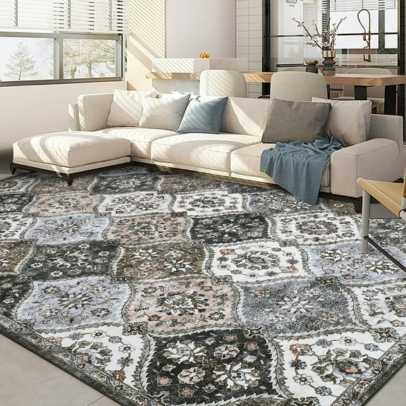 HOMERRY Area Rugs 8' x 10' Area Rug for Living Room Moroccan Trellis Floral Washable Bedroom Non-Slip Carpet for Home Decor, Brown/Gray
