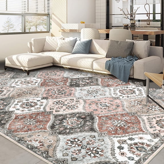 HOMERRY Area Rugs 8' x 10' Area Rug for Living Room Moroccan Trellis Floral Washable Bedroom Non-Slip Carpet for Home Decor, Pink/Gray