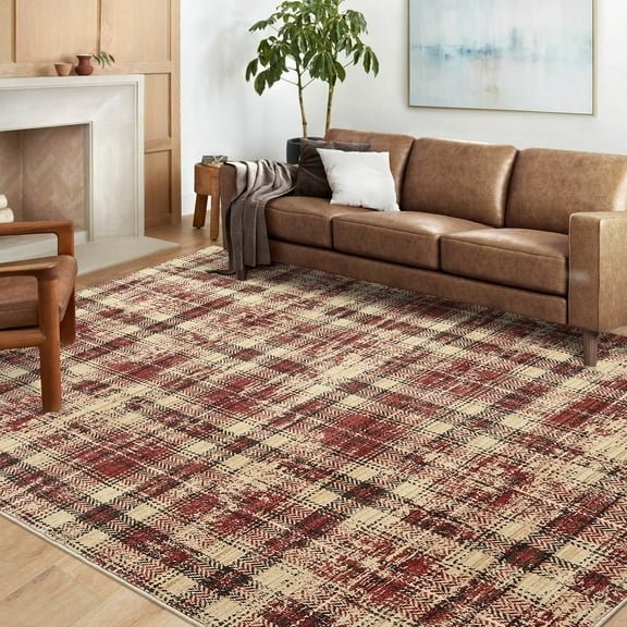 HOMERRY Area Rugs 8' x 10' Area Rug for Living Room Plaid Carpet for Home Decor, Red
