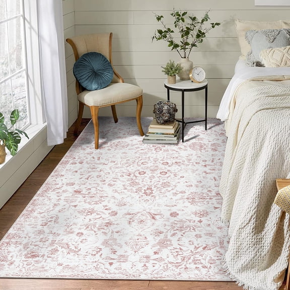 HOMERRY Area Rugs 8' x 10' Area Rug for Living Room Vintage Floral Washable Bedroom Non-Slip Carpet for Home Decor, Pink