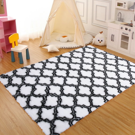 HOMERRY Area Rugs 8' x 10' Modern Fluffy Rug Plush Rug Ultra-Soft High Pile Non Slip Rugs for Living Room, White/Black