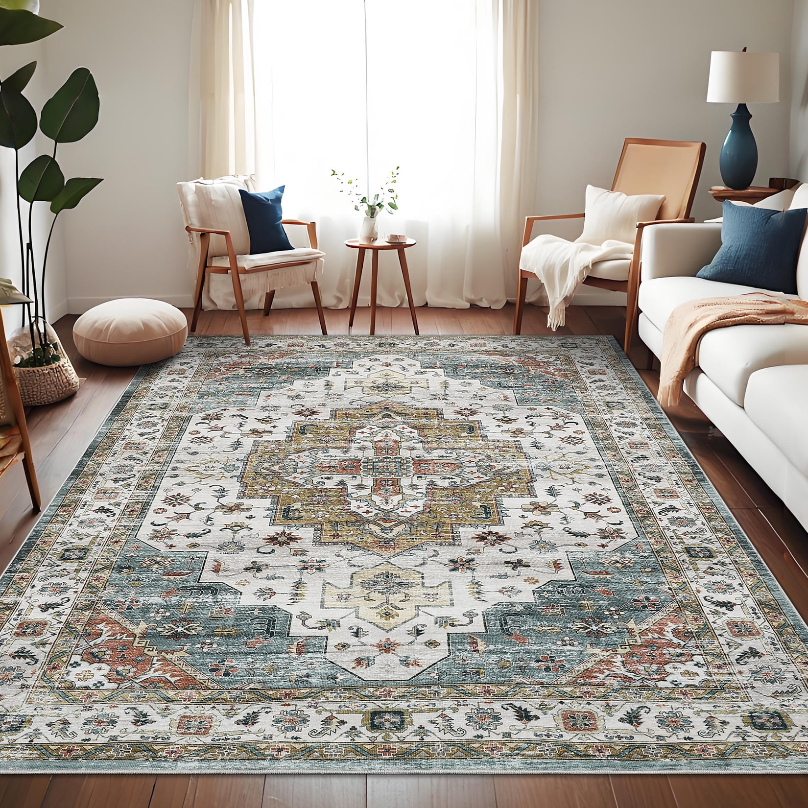 HOMERRY Area Rugs 8' x 10' for Living Room Vintage Floral Washable Bedroom Indoor Non-Slip Carpet, Light Green