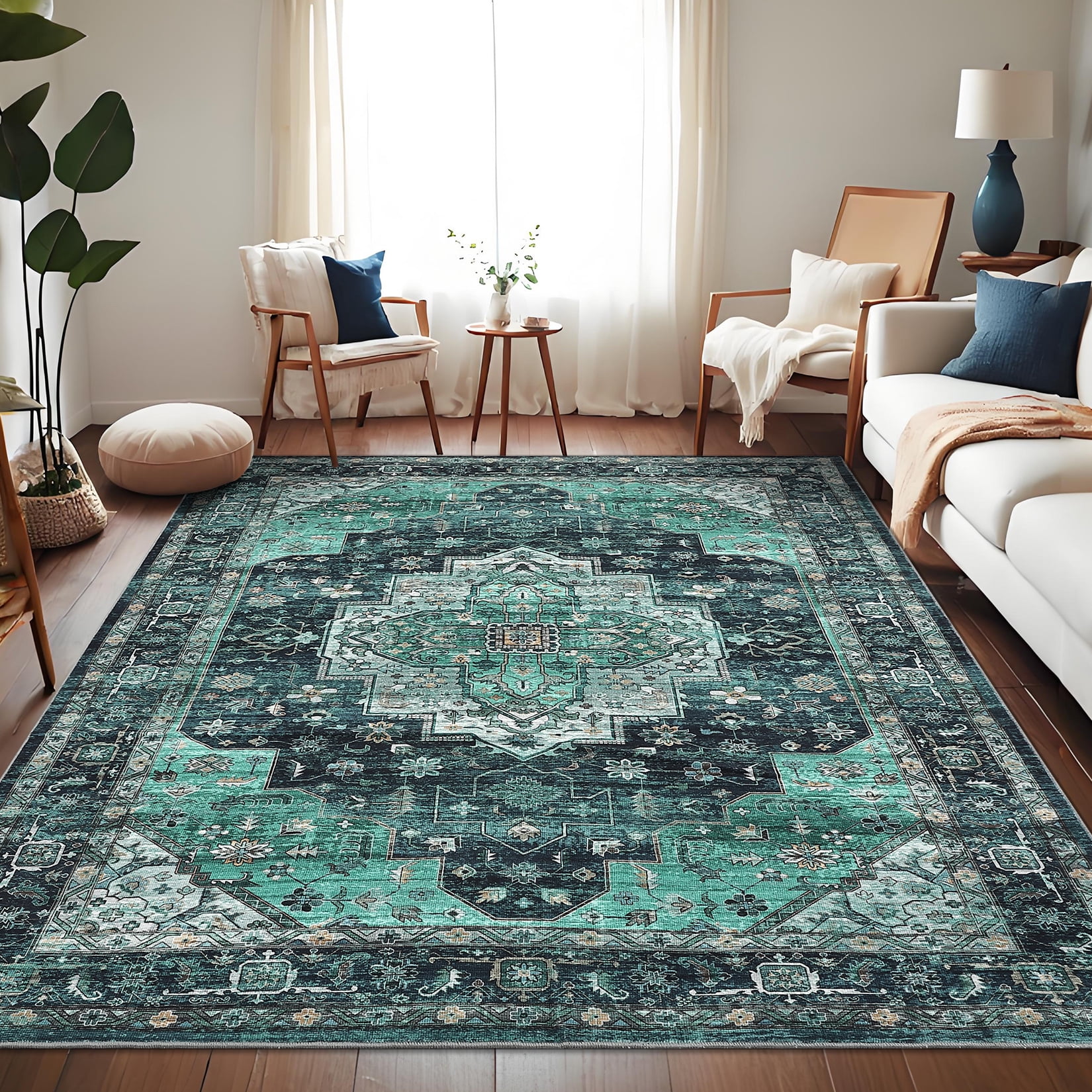 HOMERRY Area Rugs 8' x 10' for Living Room Vintage Floral Washable Bedroom Indoor Non-Slip Carpet, Teal