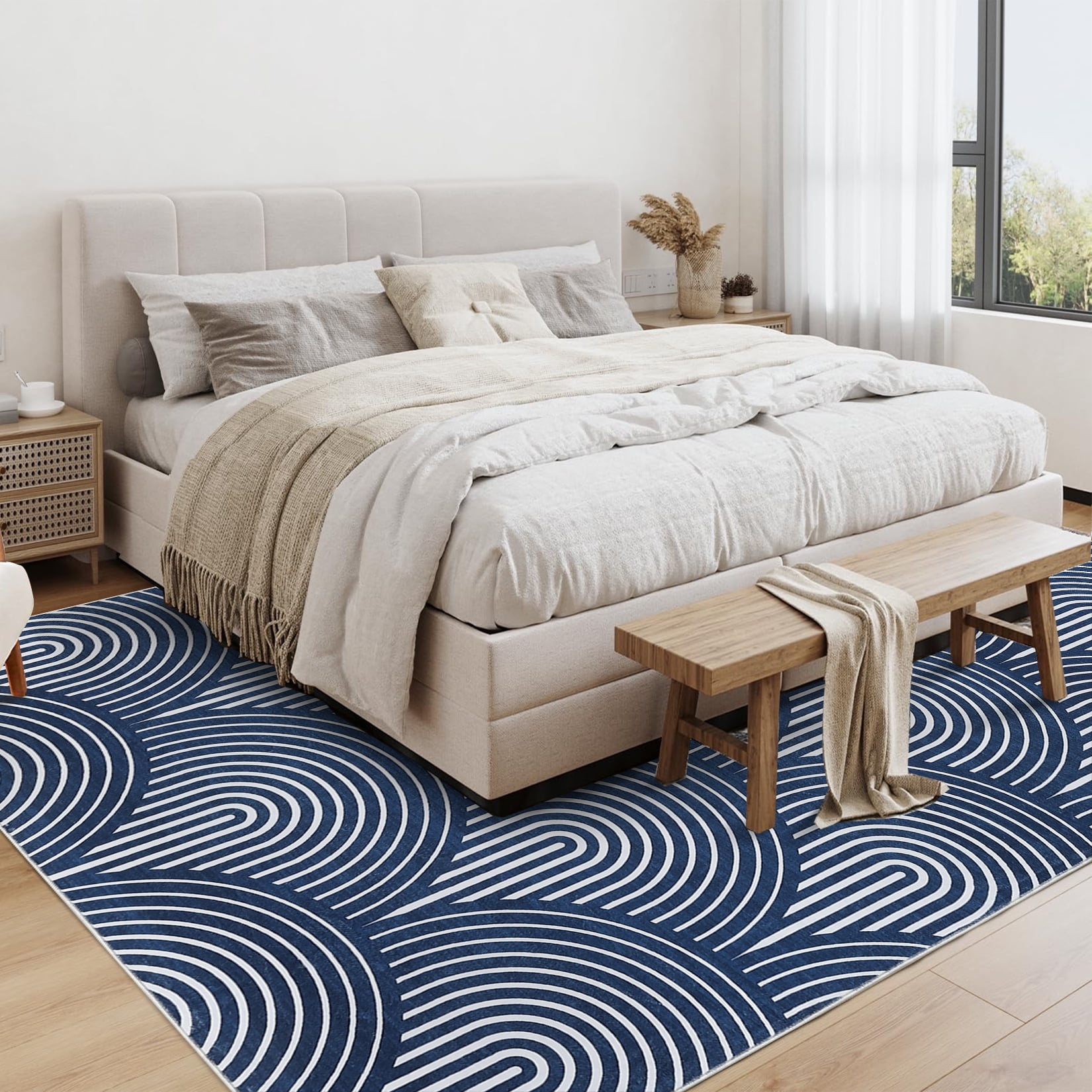 HOMERRY Area Rugs 9' x 12' for Living Room Washable Navy Blue Lines Print Rug Contemporary Abstract Soft Foldable Thin Floor Cover for Bedroom