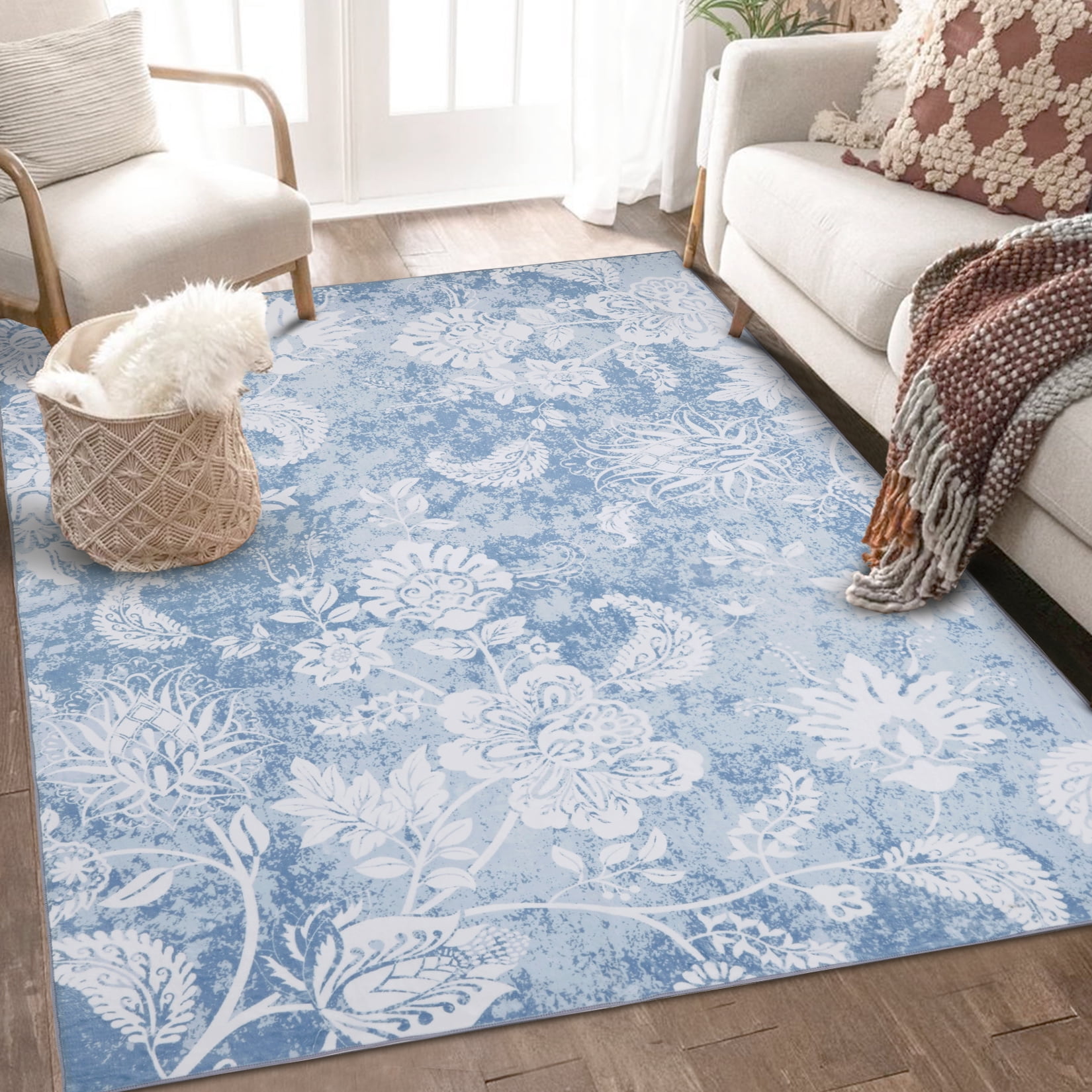 HOMERRY Blue Rugs 8' x 10' Area Rug Modern Floral Boho Carpet Large ...