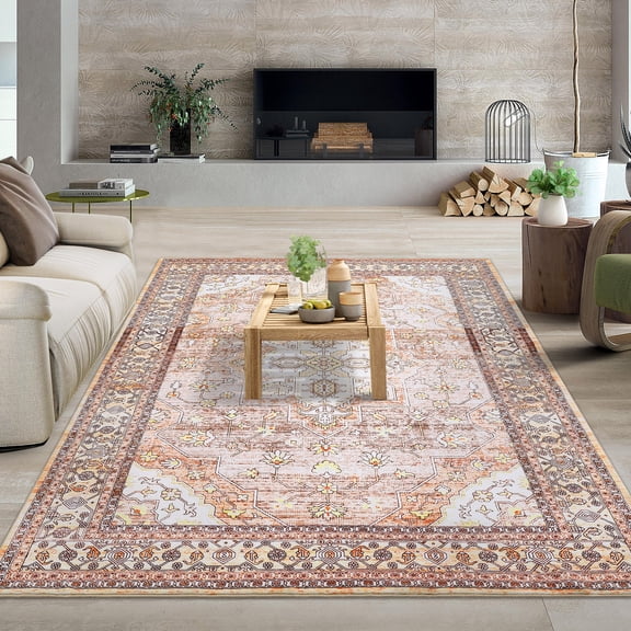 HOMERRY Boho Area Rug 5' x 7' Floral Rugs for Living Room Vintage Medallion Floor Cover, Rust Red