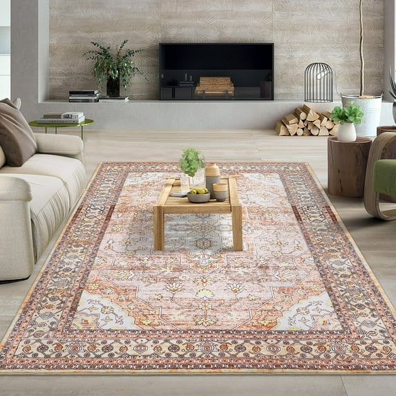 HOMERRY Boho Area Rug 5' x 7' Floral Rugs for Living Room Vintage Medallion Floor Cover, Rust Red