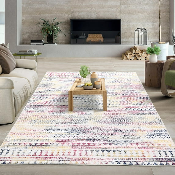 HOMERRY Boho Geometric Non Slip Area Rug 8' x 10' for Living Room Washable Indoor Carpet, Pink