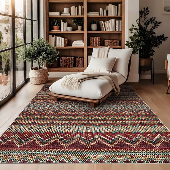 HOMERRY Boho Print Non Slip Area Rug 9' x 12' for Living Room Washable Indoor Carpet, Red