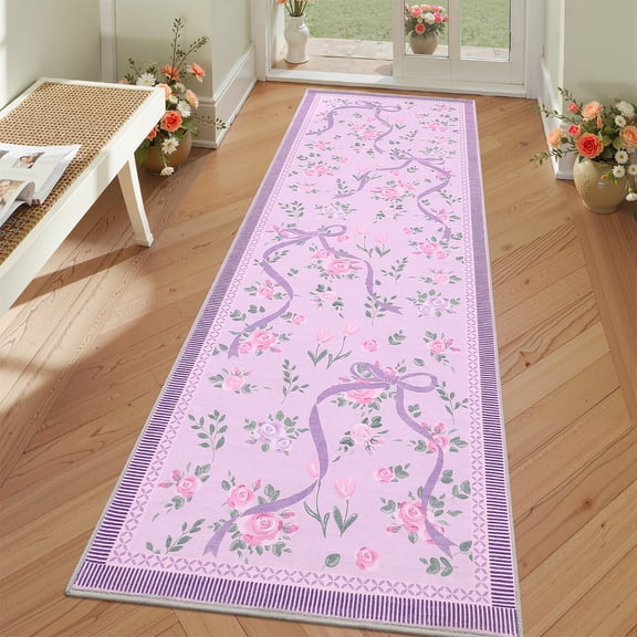HOMERRY Bow Floral Print Runner 2' x 6' for Hallway Modern Washable Throw Rugs for Kitchen Indoor Carpet, Purple
