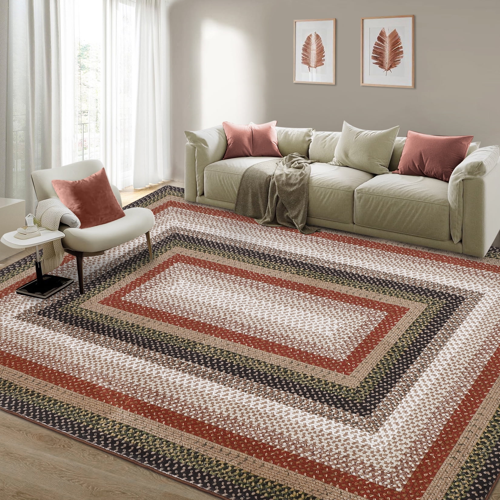 HOMERRY Braided Print Border Non Slip Area Rug 10' x 13' for Living Room Washable Indoor Carpet, Black Red