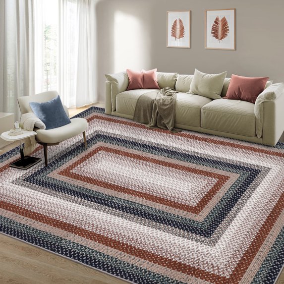 HOMERRY Braided Print Border Non Slip Area Rug 8' x 10' for Living Room Washable Indoor Carpet, Blue