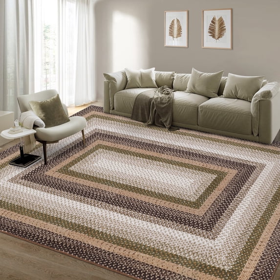 HOMERRY Braided Print Border Non Slip Area Rug 8' x 10' for Living Room Washable Indoor Carpet, Brown/Green