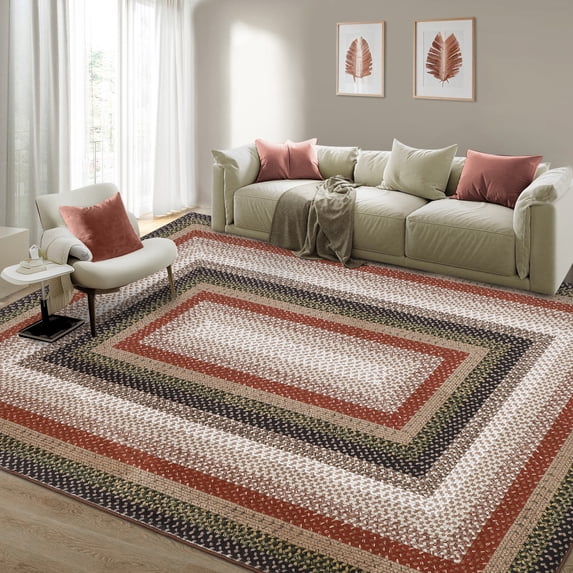HOMERRY Braided Print Border Non Slip Area Rug 9' x 12' for Living Room Washable Indoor Carpet, Black Red