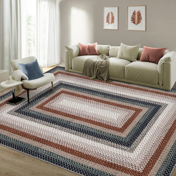 HOMERRY Braided Print Border Non Slip Area Rug 9' x 12' for Living Room Washable Indoor Carpet, Blue